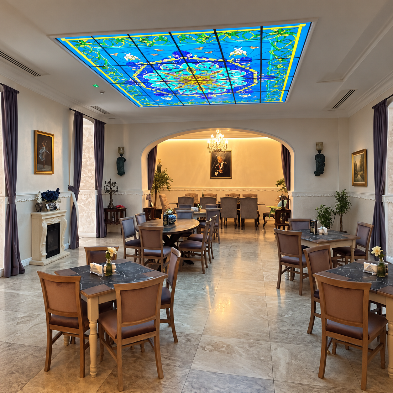 Sala elegantă a Restaurantului MUZE, cu vitraliu albastru