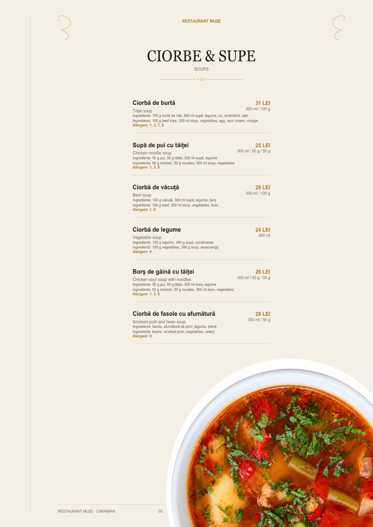 Pagina 2 din meniul Restaurantului MUZE
