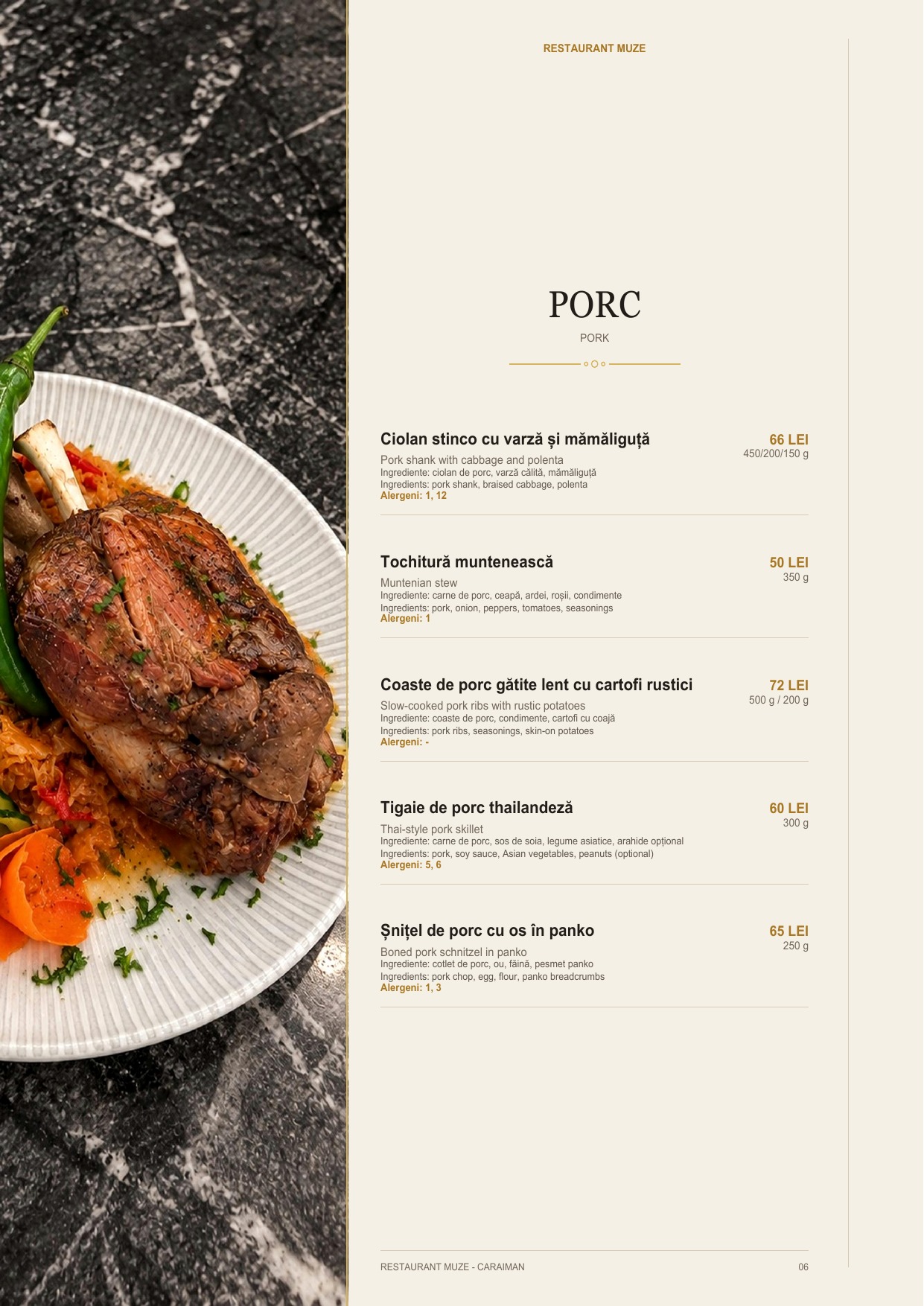 Pagina 5 din meniul Restaurantului MUZE